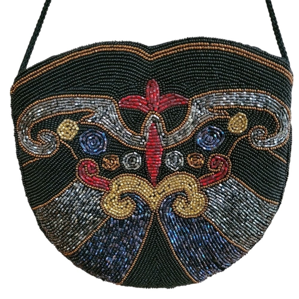 VINTAGE Flapper Bohemian Beaded Purse Black Gold Red Blue Evening Clutch